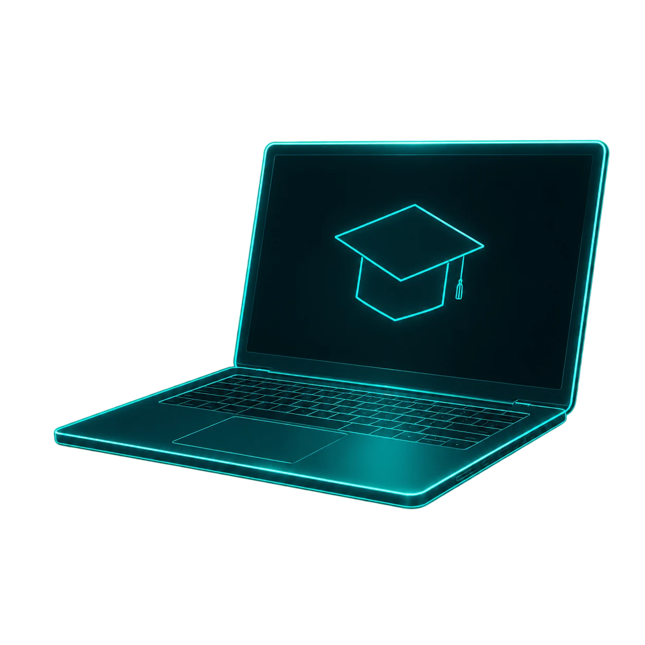 Laptop mit leuchtendem Doktorhut auf dem Bildschirm.